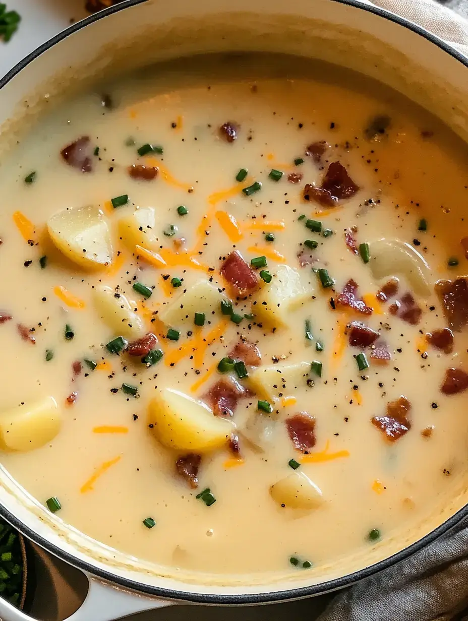 Une soupe de pommes de terre crémeuse avec du bacon, du fromage râpé et de la ciboulette dans une cocotte blanche.