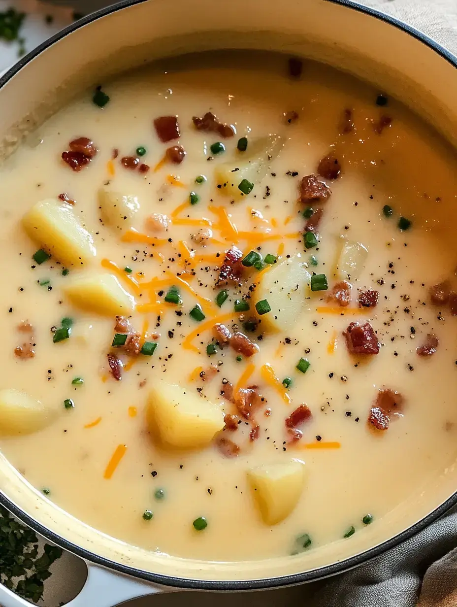 Une soupe de pommes de terre bien crémeuse, garnie de lard fumé, cheddar et ciboulette.