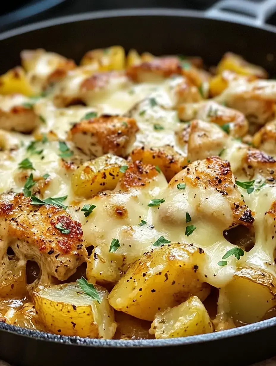 Gros plan sur une poêle remplie de morceaux de poulet cuits et de pommes de terre jaunes, couverts de fromage fondu et saupoudrés de persil frais.