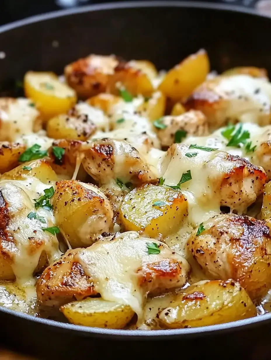 Une poêle remplie de morceaux de poulet rôtis et de pommes de terre dorées, recouverts de fromage fondu et de persil frais.