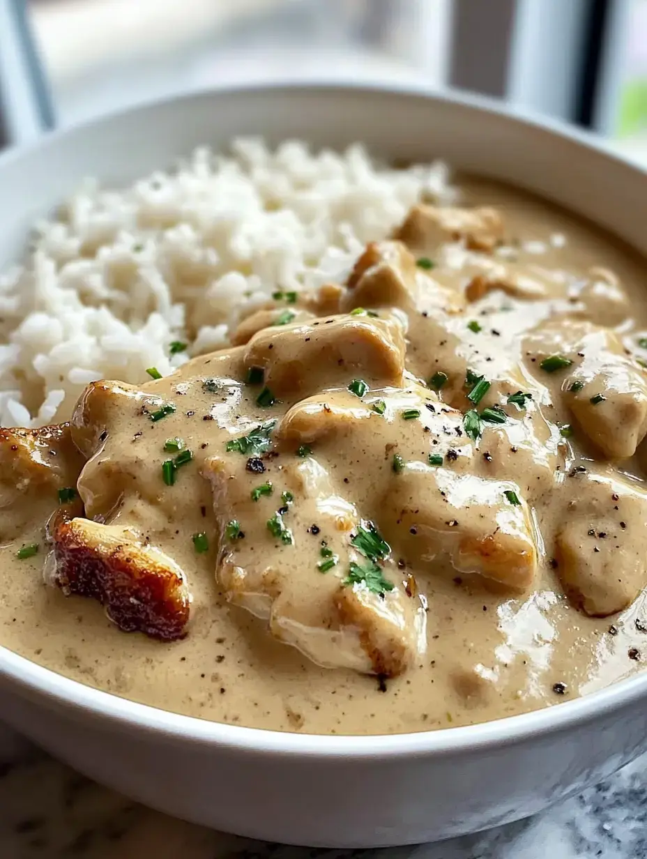 Un bol de poulet crémeux avec du riz vapeur, le tout parsemé d’herbes fraîches.
