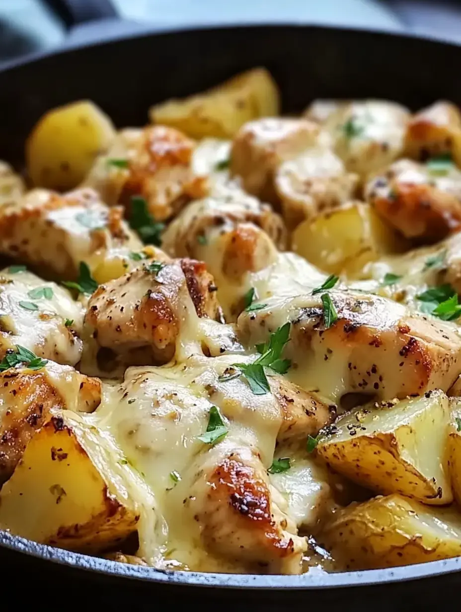 Poêle en fonte avec des morceaux de poulet gratinés et des pommes de terre dorées couvertes de persil frais.