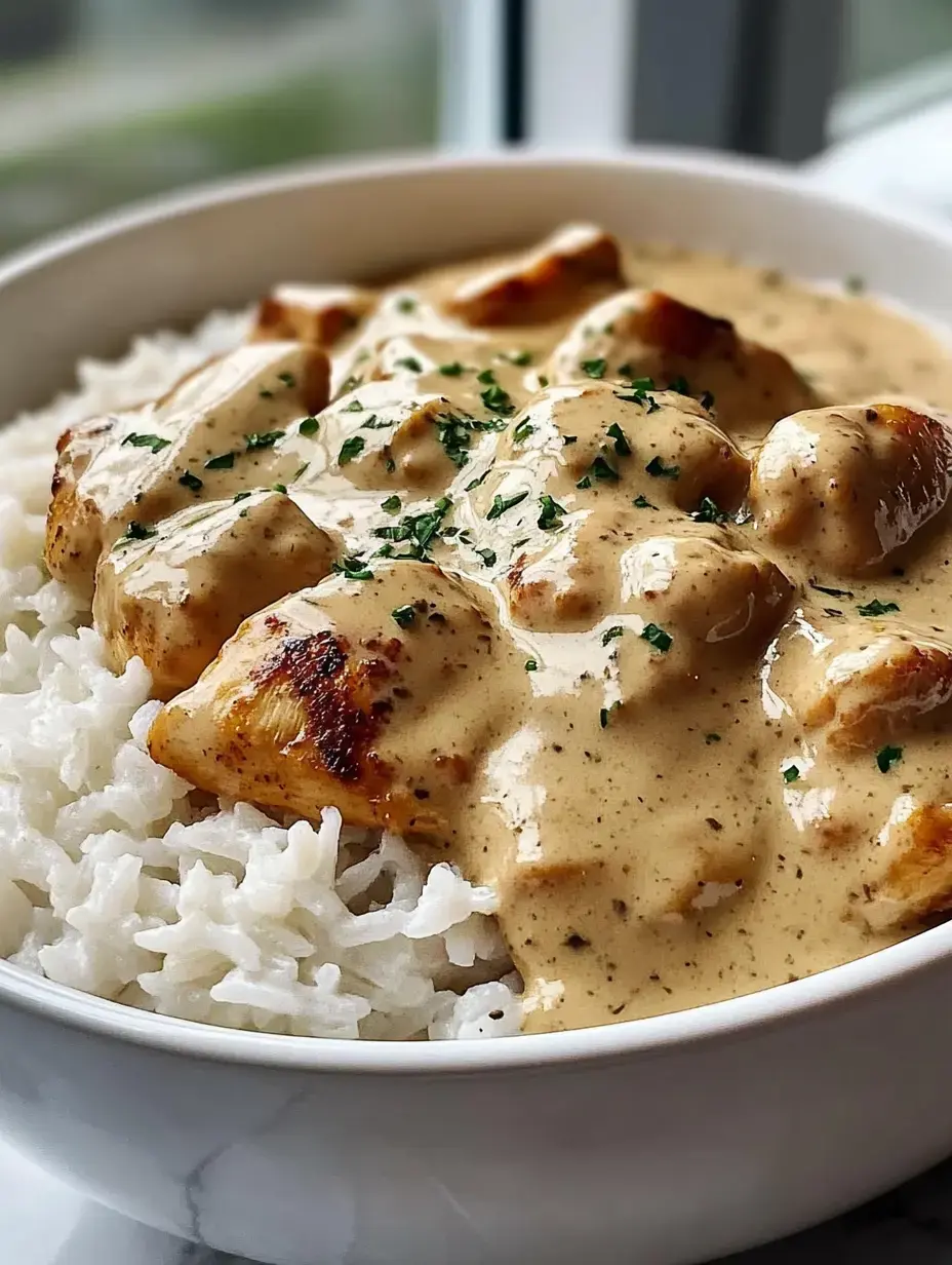 Un bol de riz blanc nappé de morceaux de poulet dans une sauce crémeuse et relevée, parsemée de persil.