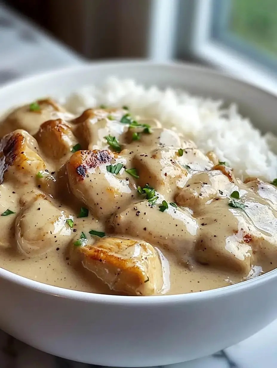 Un bol de poulet tendre à la crème posé sur un nuage de riz blanc, garni d’herbes fraîches.