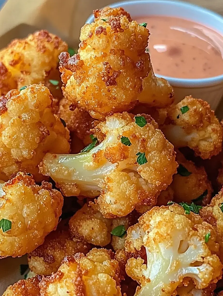 Gros plan sur des bouchées de chou-fleur dorées et croustillantes décorées de fines herbes, avec une toute petite coupelle de sauce.