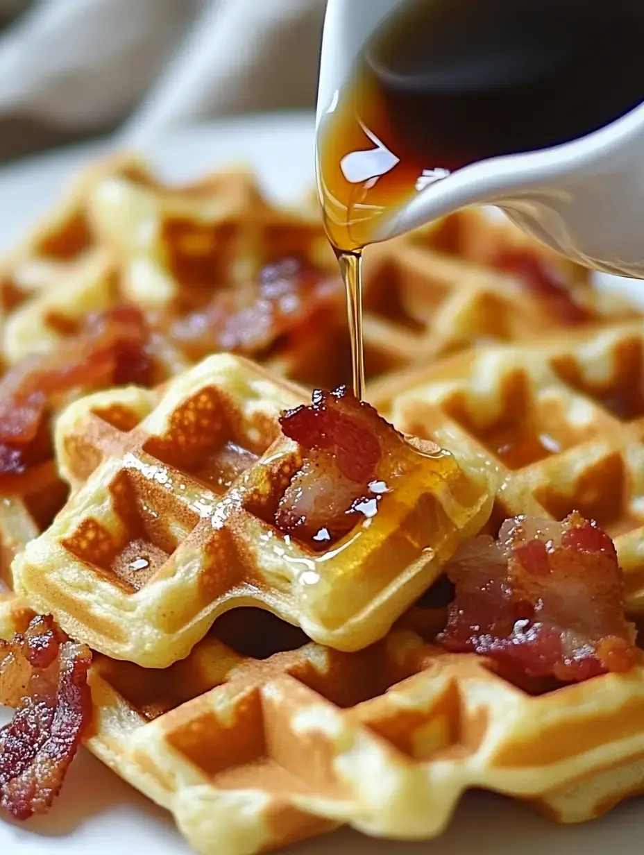 Gros plan sur des gaufres dorées, bacon croustillant dessus et filet de sirop.