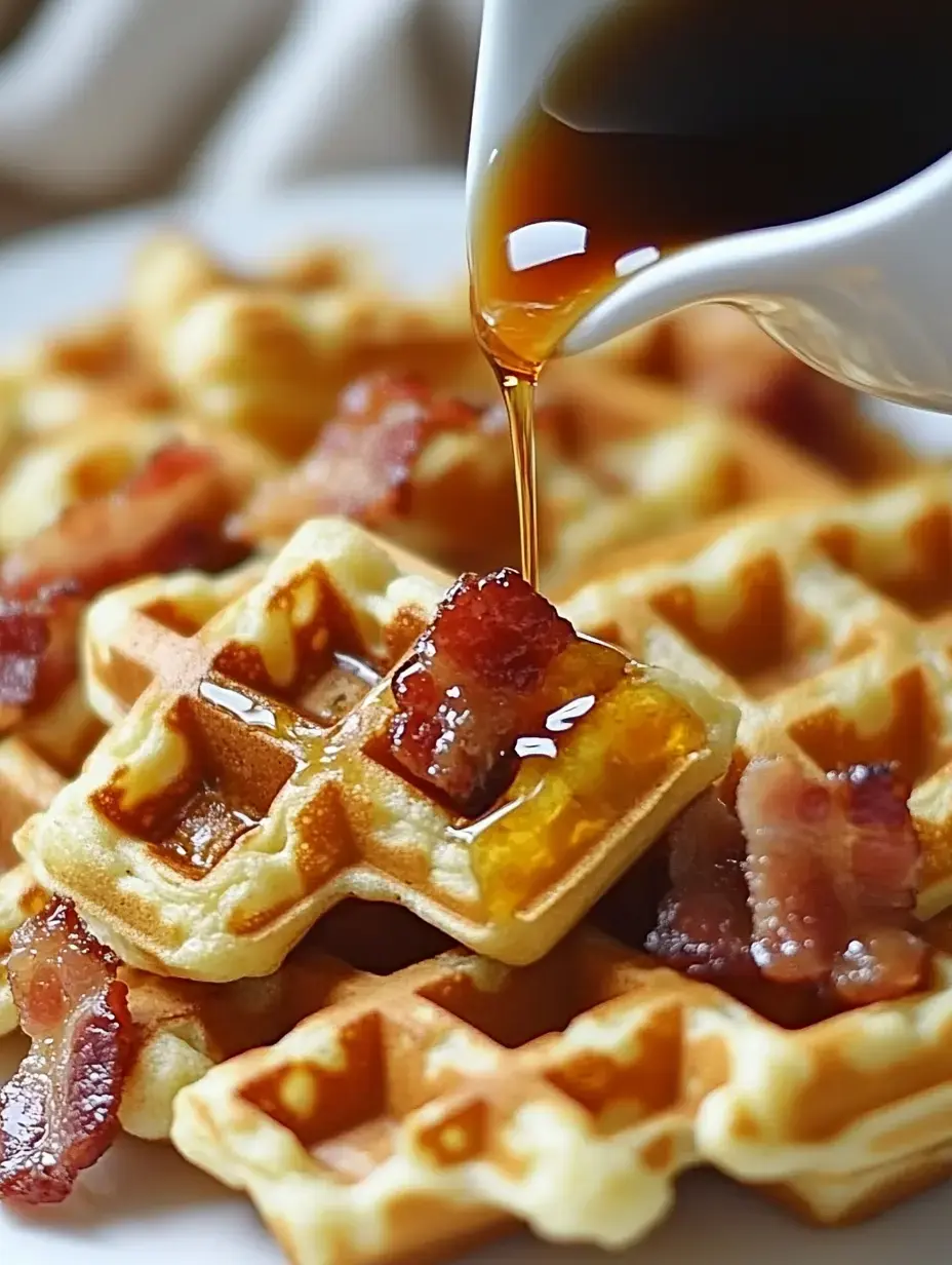 Une pile de gaufres dorées surmontées de bacon croustillant et un filet de sirop.
