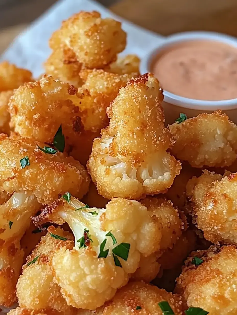 Une assiette de choux-fleurs dorés et croustillants, parsemmée de persil, avec un petit bol de sauce à côté.