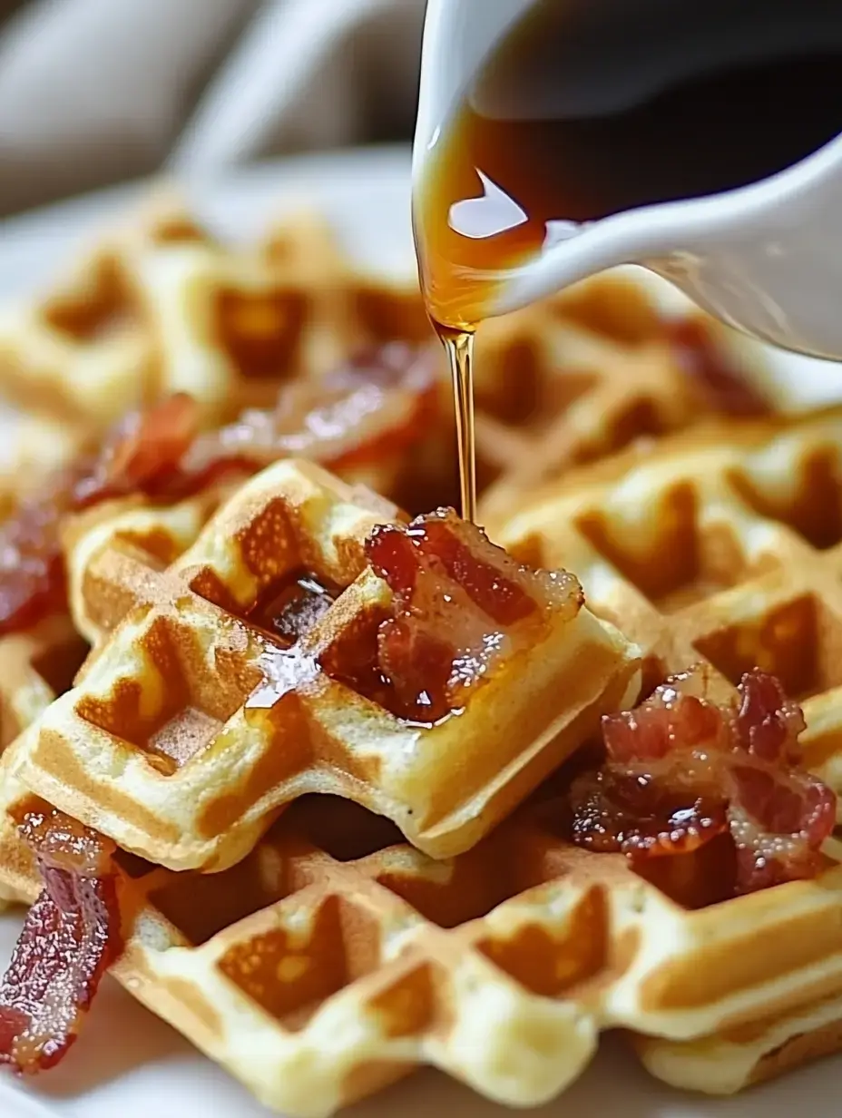 Une assiette de gaufrettes surmontées de bacon croustillant et nappées de sirop.