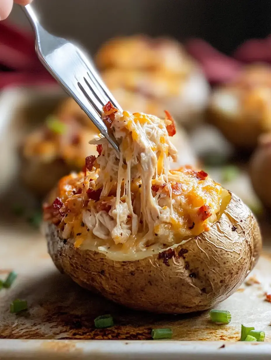 Une fourchette soulève une pomme de terre farcie au poulet effiloché et au fromage fondu, avec d’autres pommes de terre en arrière-plan.