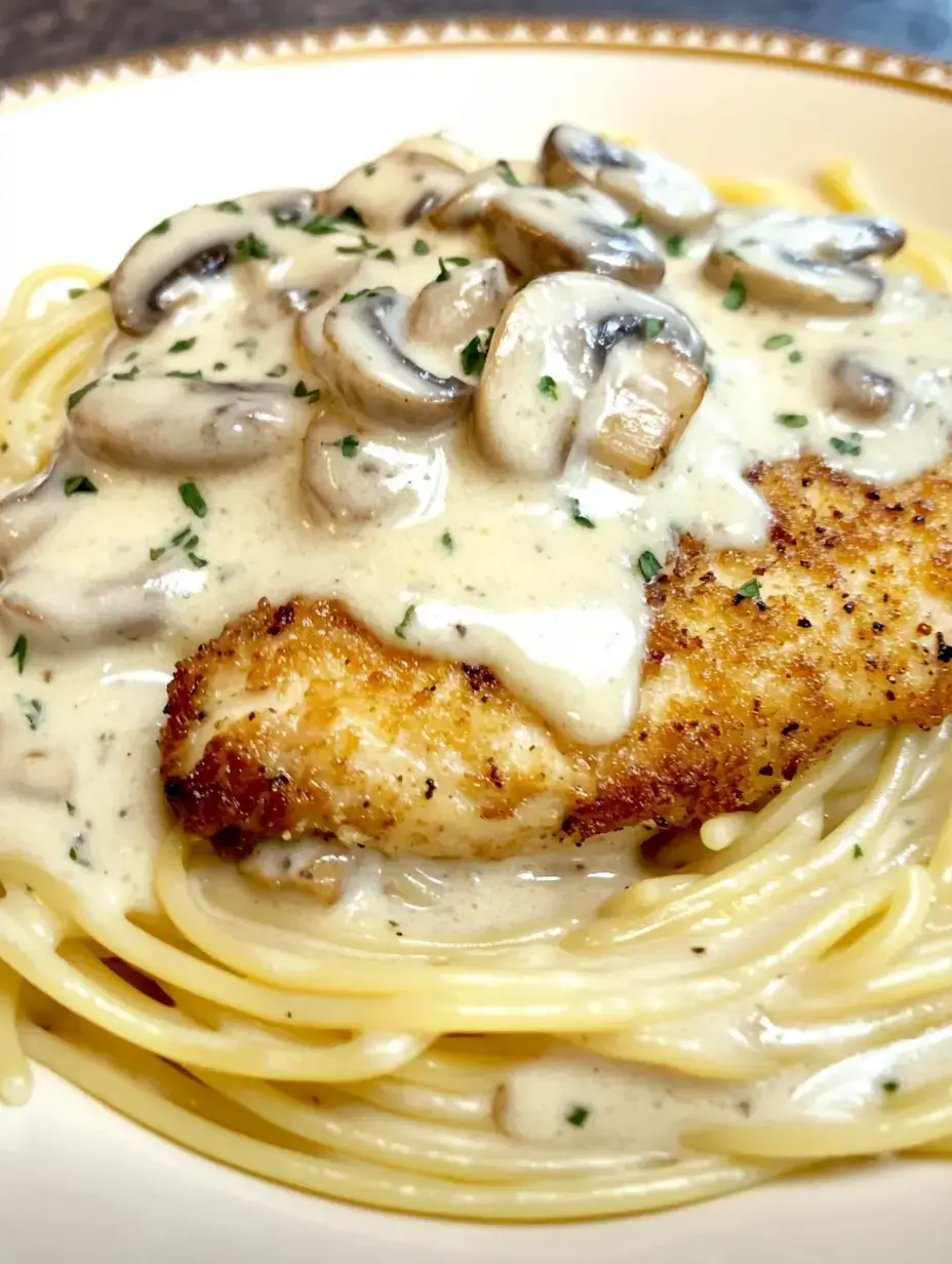Une belle assiette de spaghettis recouverte d’un filet de poulet croustillant à la sauce crémeuse aux champignons, parsemée de persil.