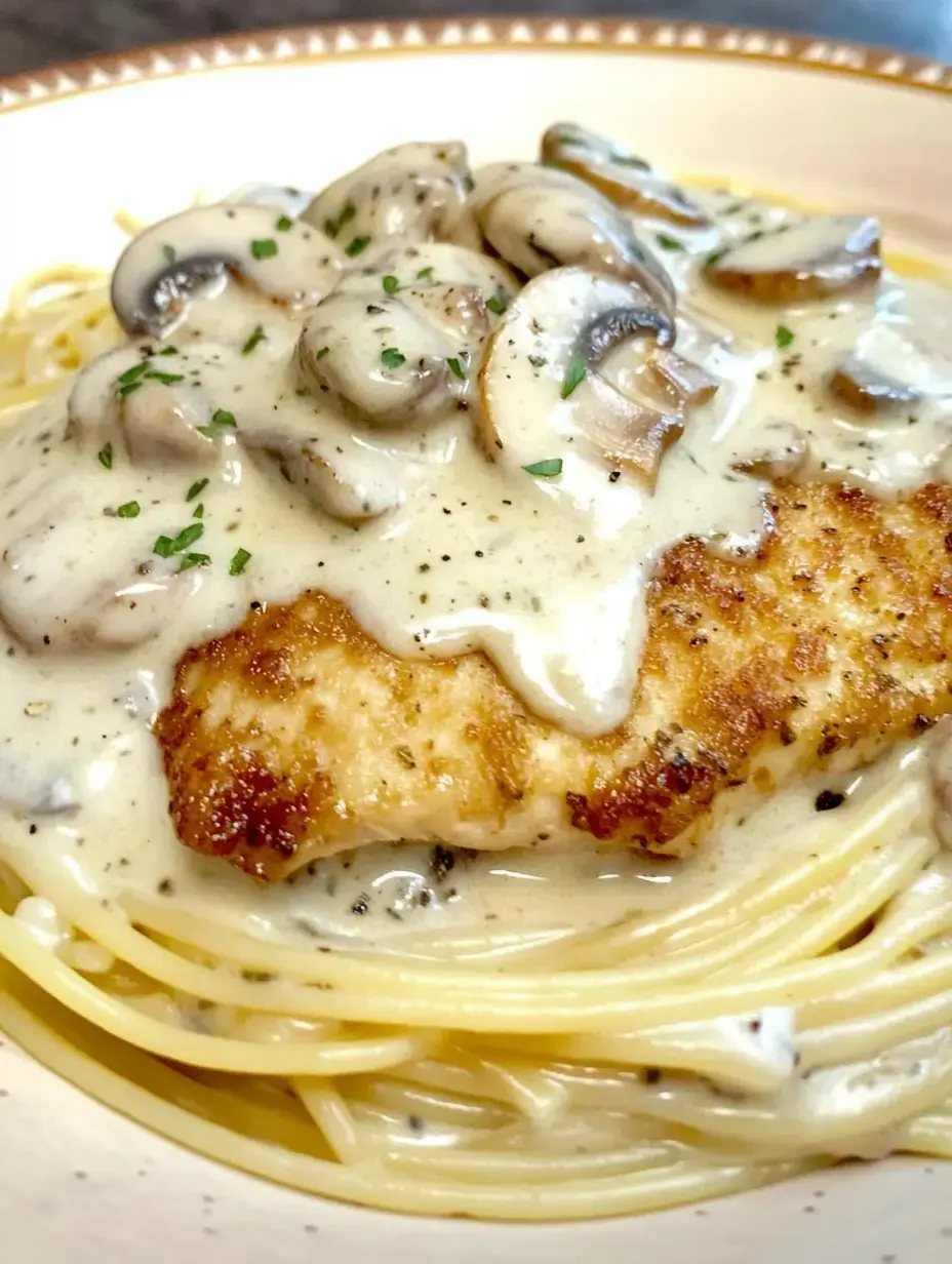 Une sauce onctueuse aux champignons nappée sur un filet de poisson poêlé posé sur une belle portion de spaghettis.