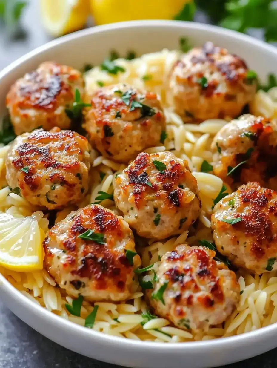 Un bol d'orzo avec des boulettes de poulet dorées, du persil et une tranche de citron.