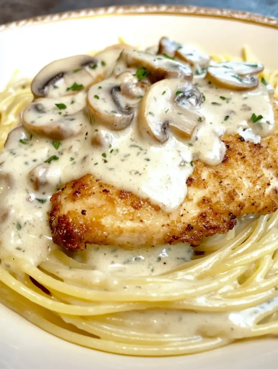 Assiette de spaghettis garnie de filet de poulet grillé, nappée d’une sauce champignons crémeuse et décorée d’un peu de persil.