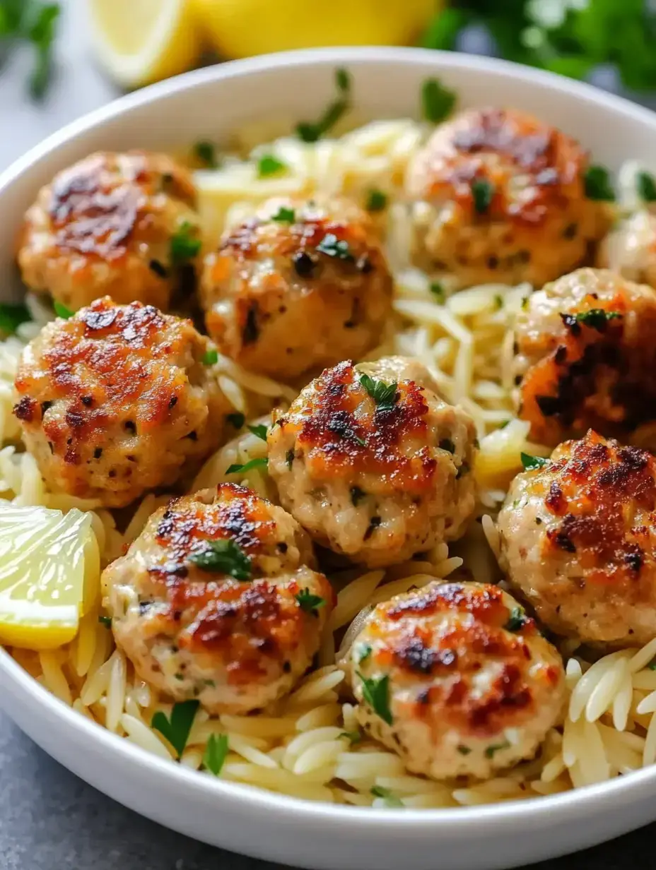 Un bol d'orzo avec des boulettes de poulet dorées, du persil et des quartiers de citron.