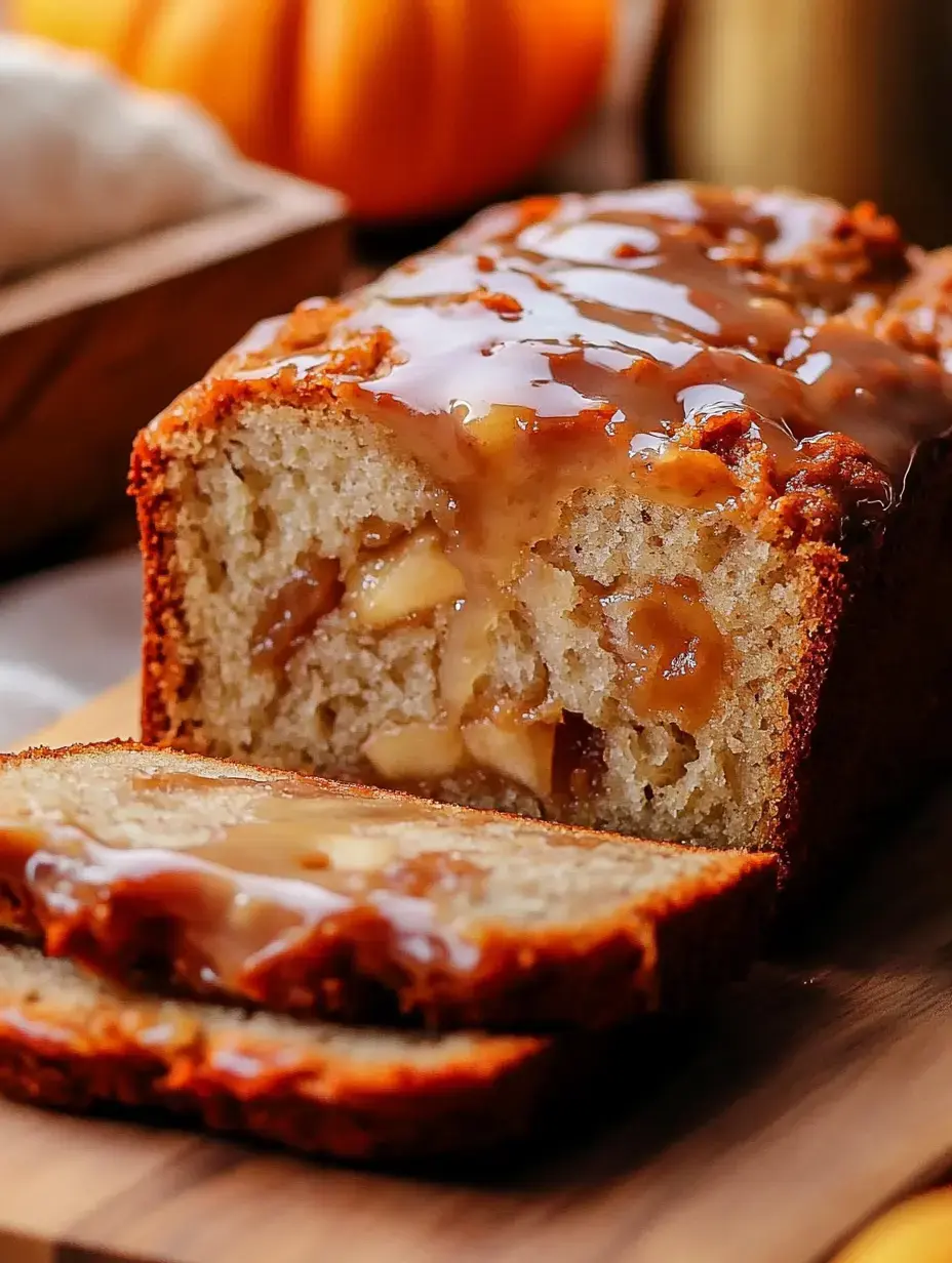 Un pain aux pommes et à la cannelle bien doré, nappé d’un glaçage brillant et tranché pour laisser voir sa mie moelleuse et ses beaux morceaux de pomme.