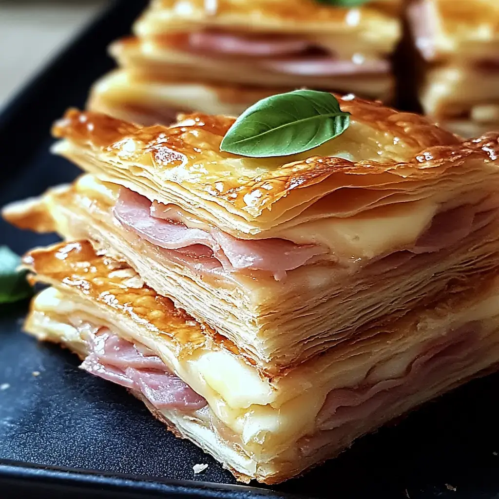 Zoom sur des couches de pâte croustillante farcies au jambon et fromage, décorées d’une petite feuille de basilic sur le dessus.
