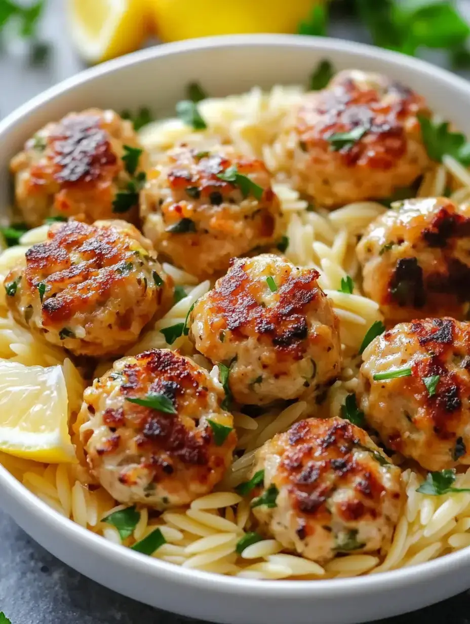 Bol d'orzo, boulettes de poulet dorées, persil frais et une tranche de citron.