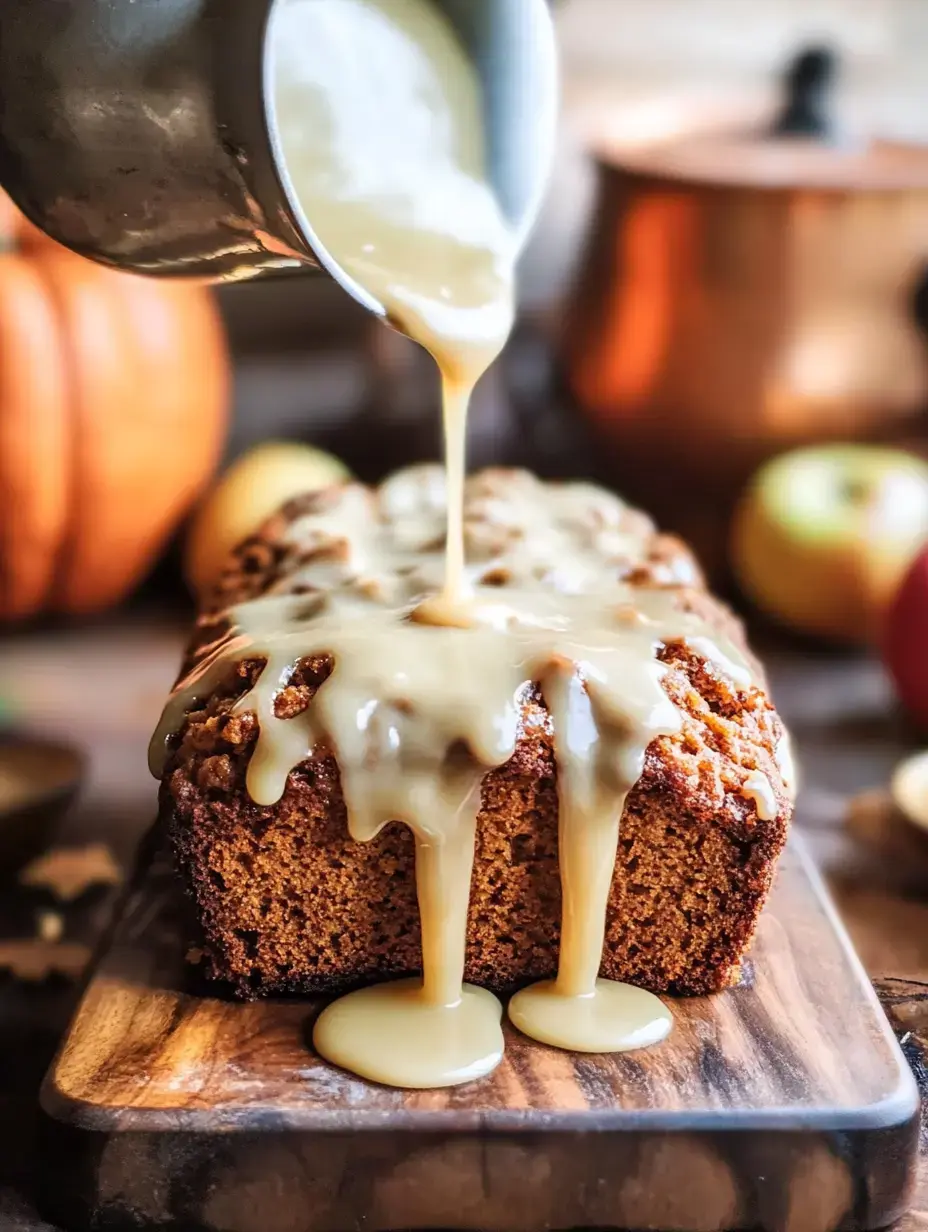 Un cake nappé d’un glaçage brillant trône sur une planche en bois, décor d’automne en arrière-plan.
