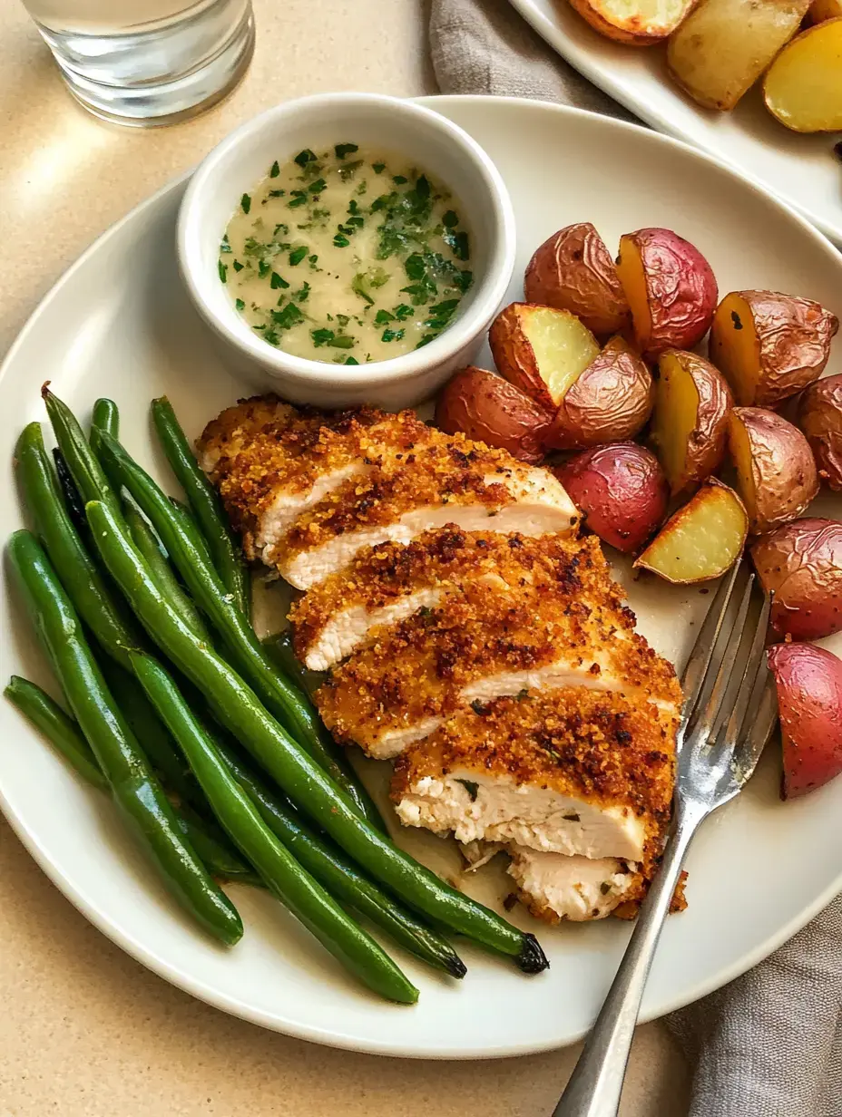 Une assiette avec des tranches de poulet pané, des haricots verts, des pommes de terre rouges rôties et un petit bol de sauce crémeuse aux herbes.