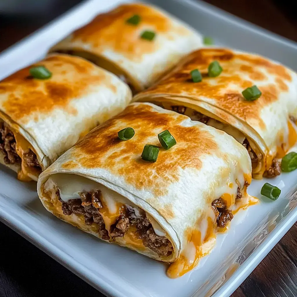 Une assiette avec quatre tortillas dorées et fourrées de viande et de fromage fondu, un peu d’oignon vert éparpillé dessus.