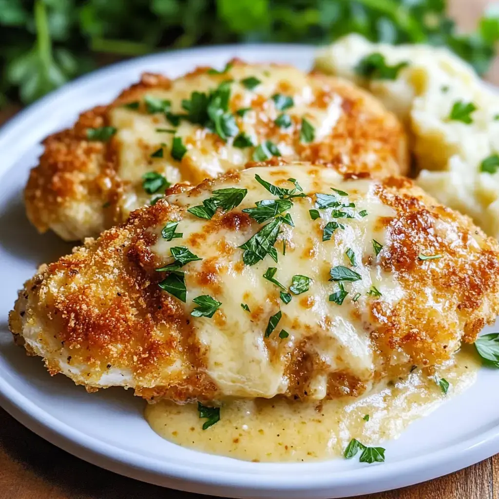 Assiette de poulet pané recouvert de fromage fondu, persil frais et une purée maison en accompagnement.
