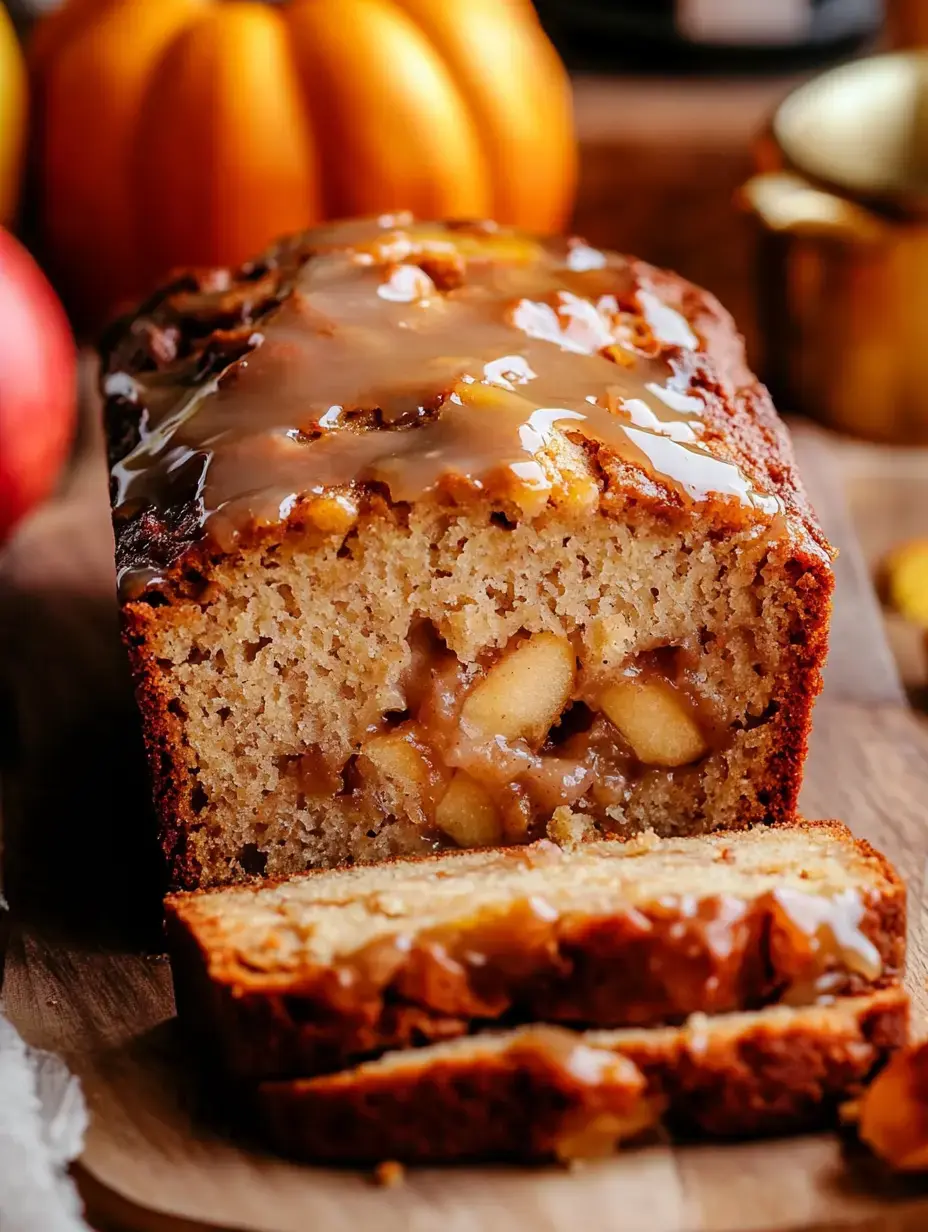 Un cake tranché nappé de glaçage montre ses morceaux de pomme, posé sur une planche en bois avec citrouilles et pommes à côté.