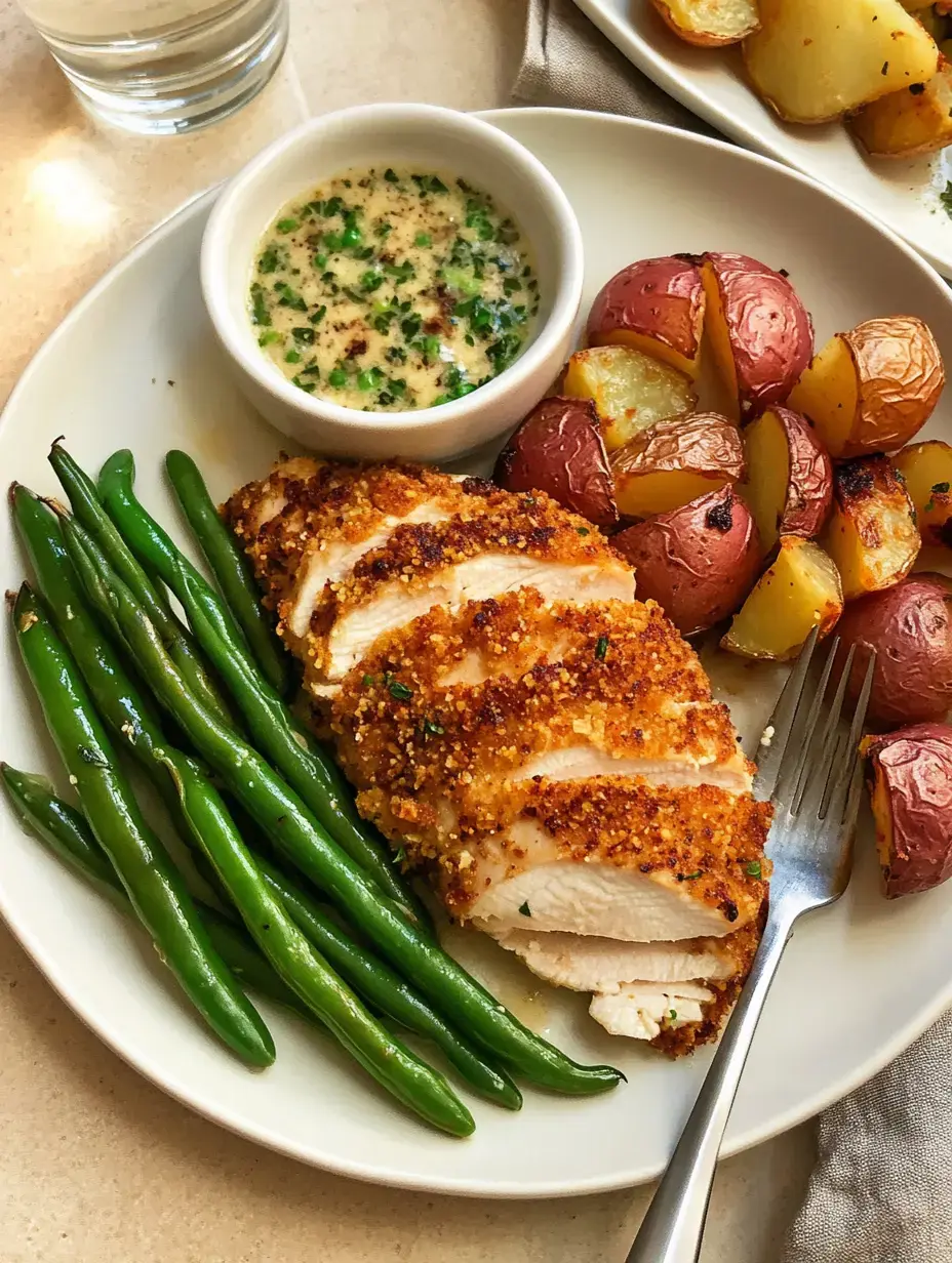 Une assiette avec du poulet pané tranché, des haricots verts, des pommes de terre rôties rouges et jaunes, plus un petit bol de sauce.