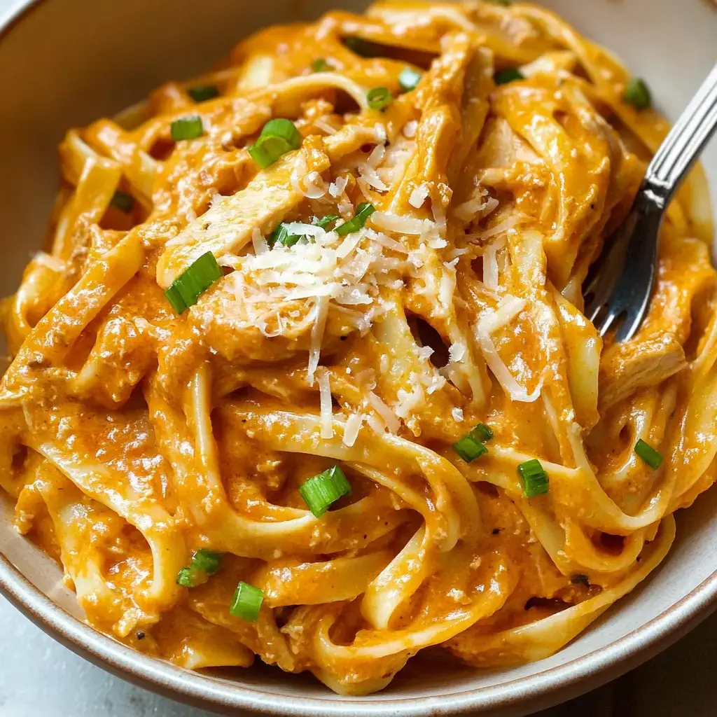 Zoom sur des pâtes longues avec sauce crémeuse, fromage râpé et oignons verts dans un bol.