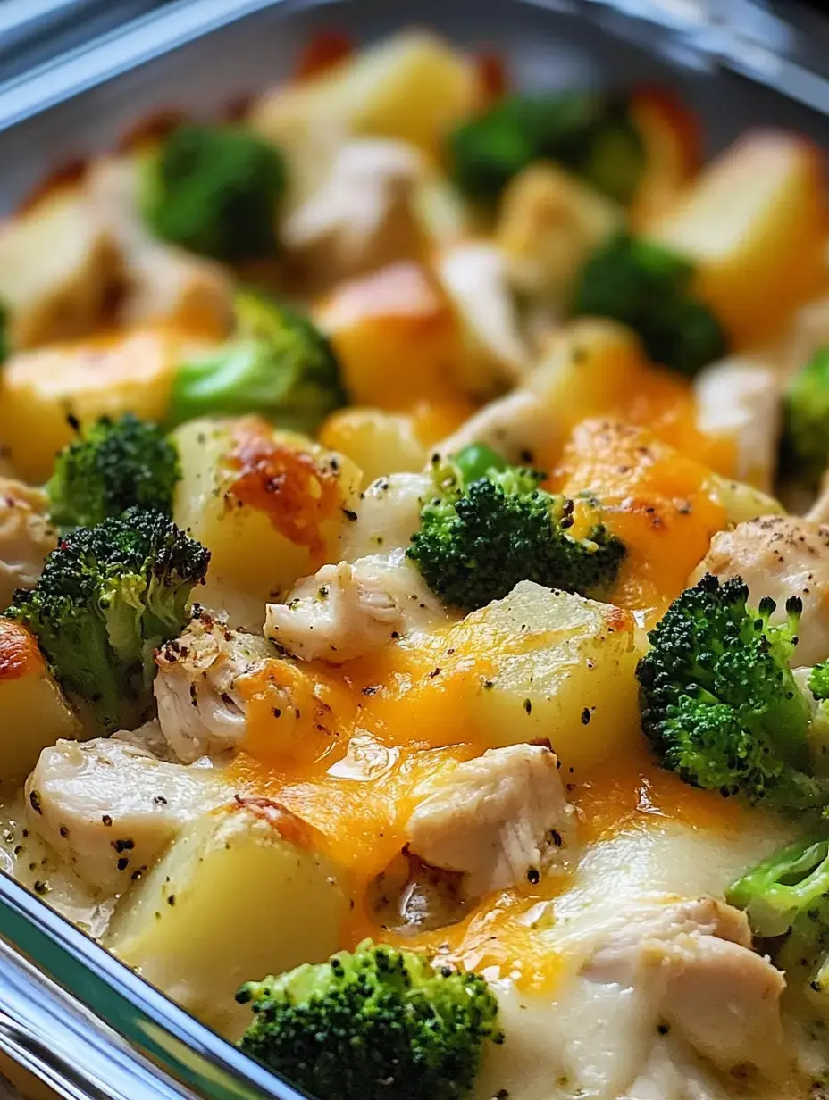 Gros plan d’un gratin avec morceaux de poulet, pommes de terre, brocoli et fromage cheddar fondu.