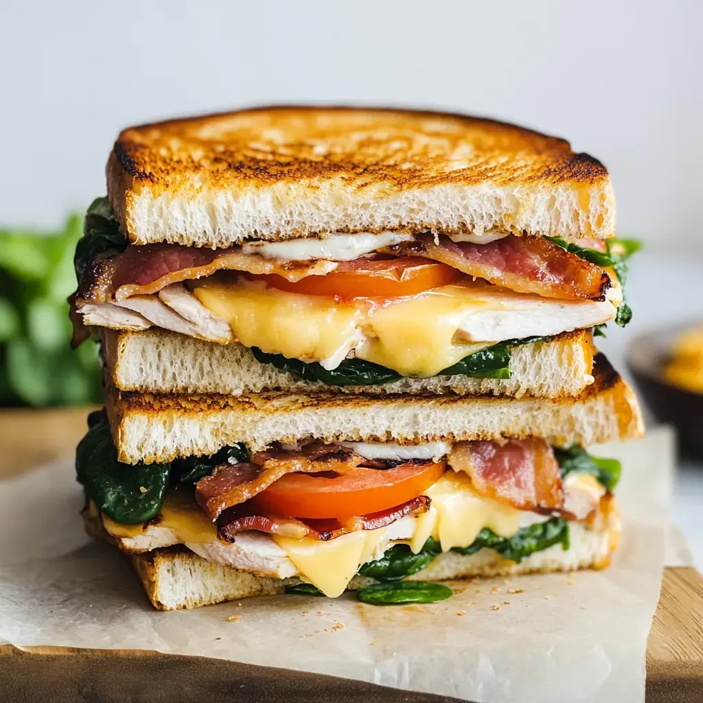 Un énorme sandwich toasté, garni de bacon, blanc de poulet, fromage fondant, épinards et tomates.