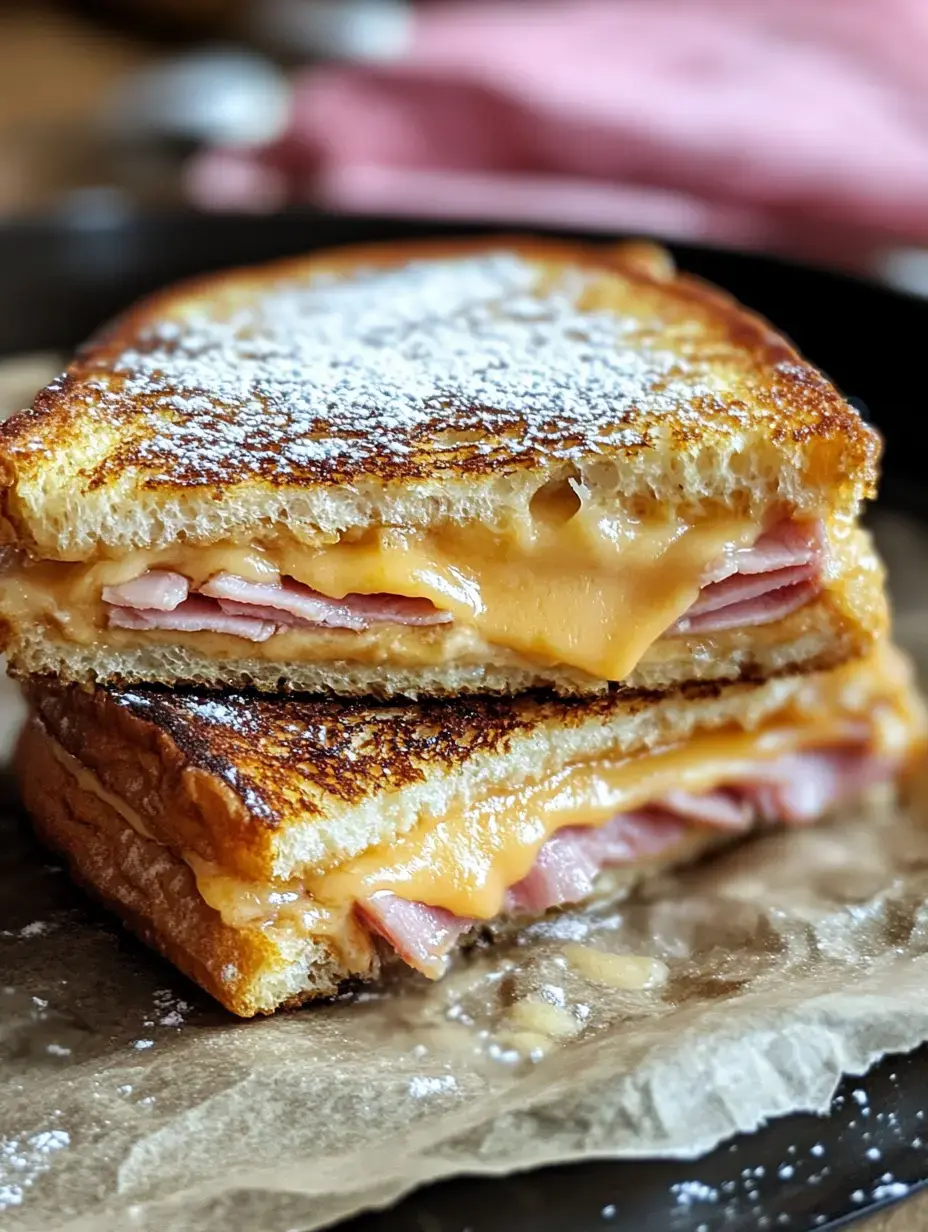 Un sandwich grillé avec du fromage fondu et du jambon, saupoudré de sucre glace, servi sur du papier cuisson.