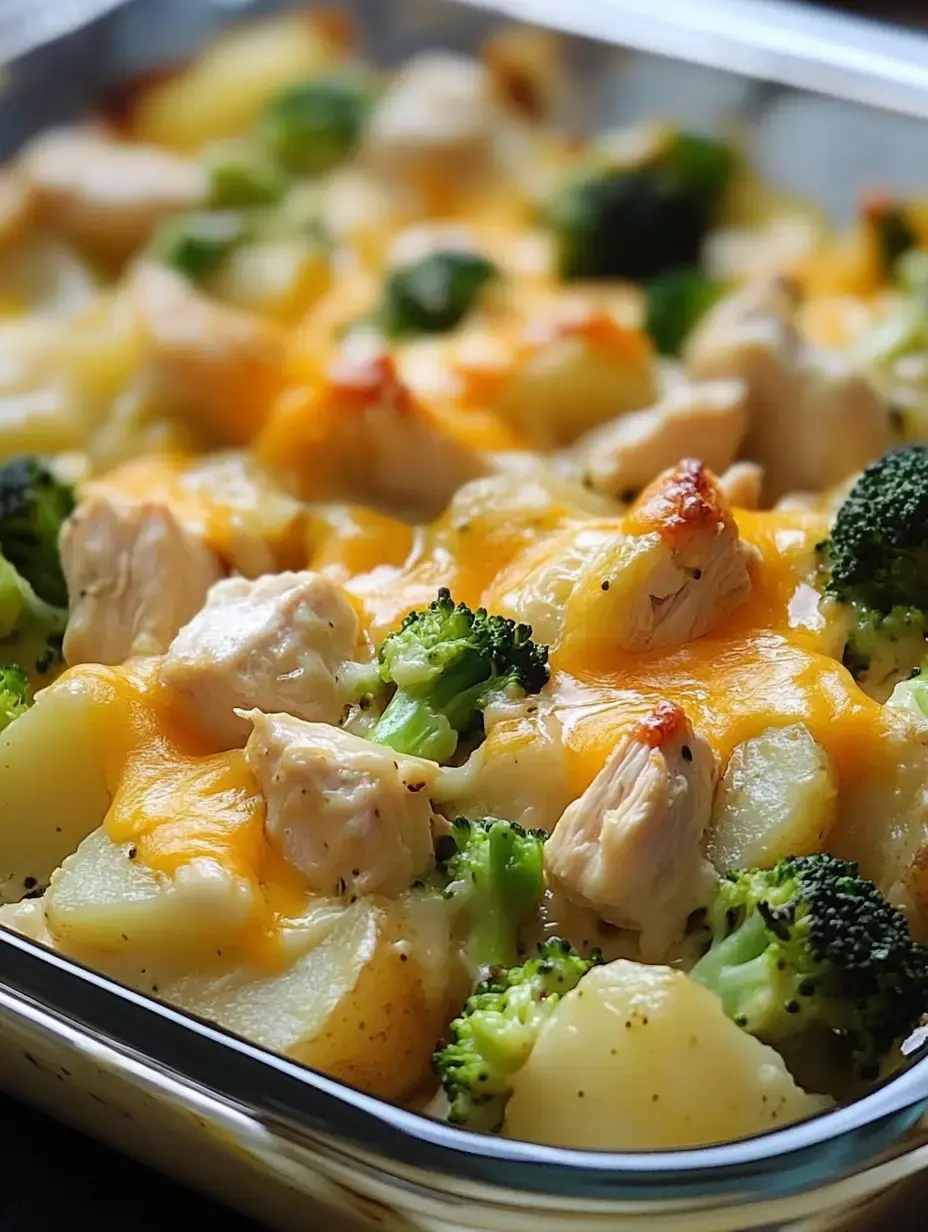 Gros plan sur un gratin poulet brocoli pommes de terre gratiné au cheddar.