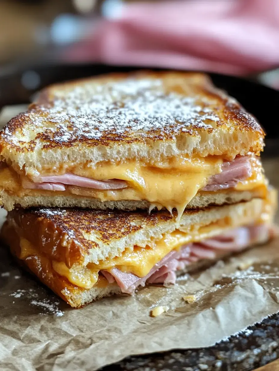 Gros plan sur un croque avec fromage fondu et jambon, un peu de sucre glace par-dessus, sur du papier cuisson.