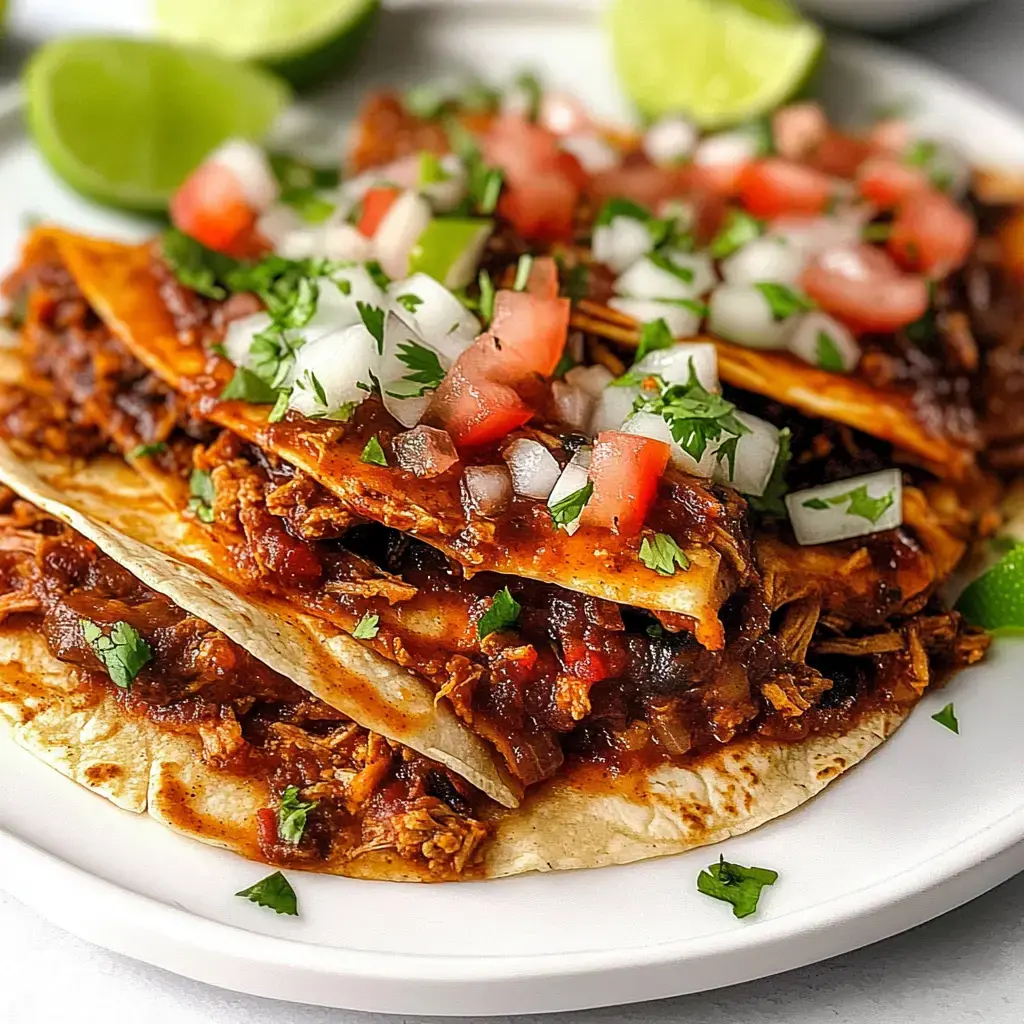 Gros plan d’une assiette d’enchiladas recouvertes de dés de tomates, oignons, coriandre et quartiers de citron vert.