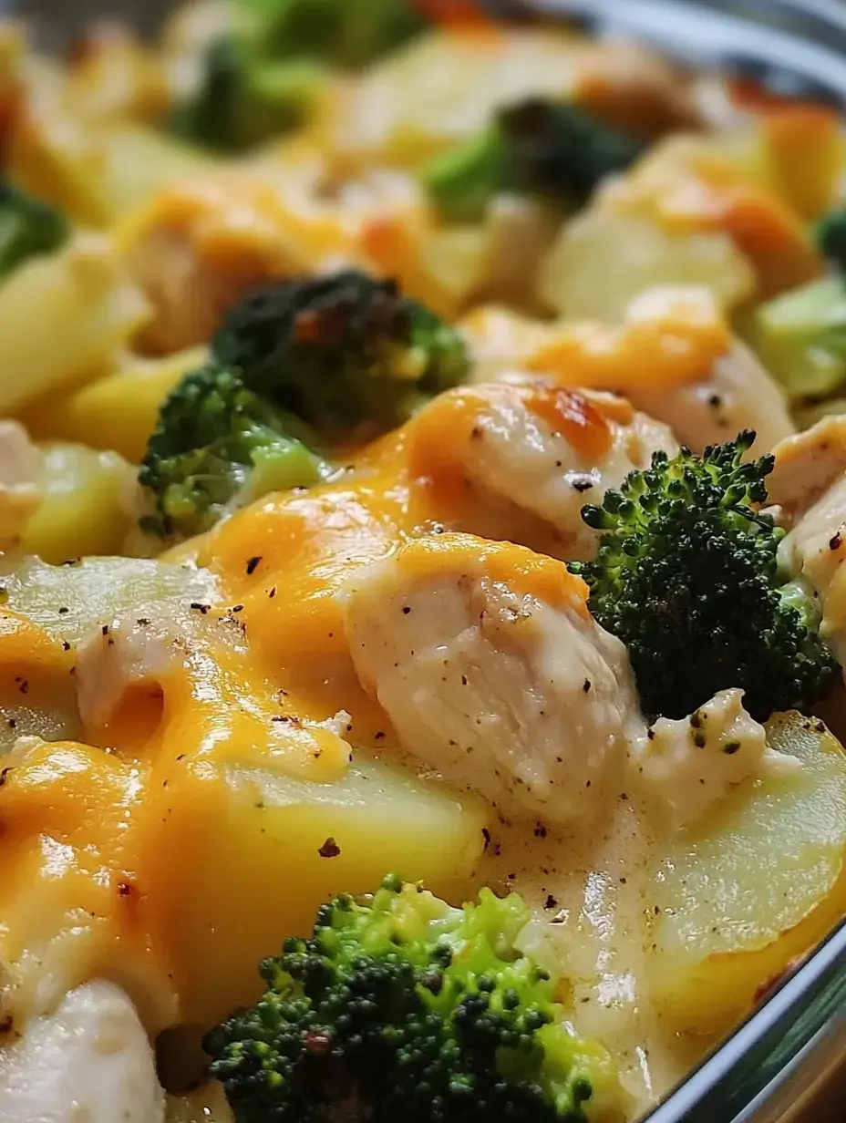 Gros plan sur un gratin avec morceaux de poulet, brocoli, pommes de terre et fromage gratiné.