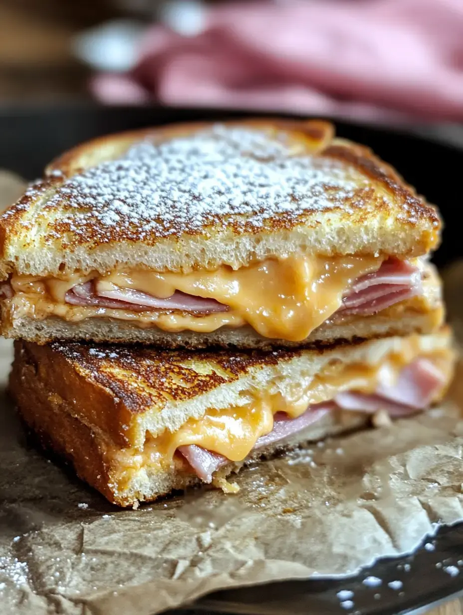Un sandwich grillé au fromage fondu et jambon, saupoudré de sucre glace, sur du papier cuisson.