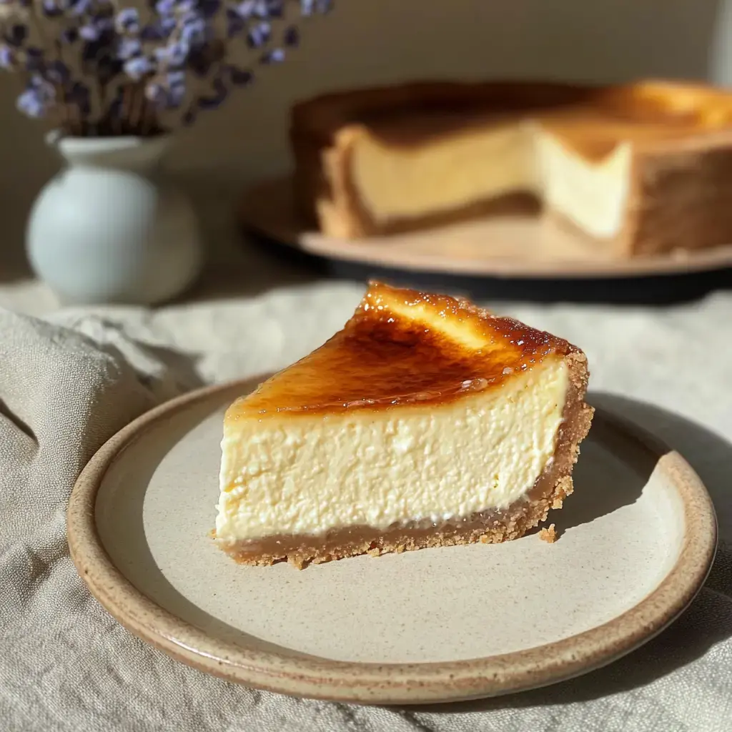 Une part de cheesecake crémeux avec un dessus caramélisé posée sur une assiette beige, en arrière-plan un cheesecake entier et un vase de lavande.