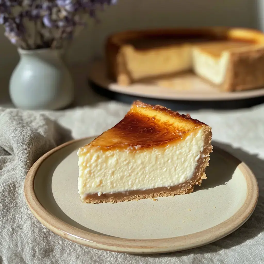 Une belle part de cheesecake caramélisé sur une assiette, devant le gâteau entier et un vase de lavande.