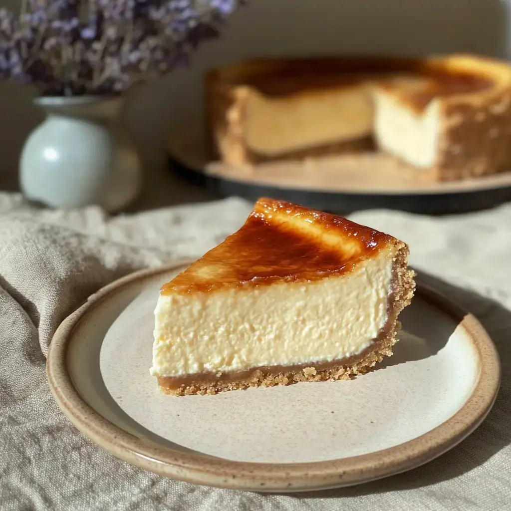 Une part de cheesecake crémeux et caramélisé posée sur une assiette, avec le gâteau entier derrière et un vase de lavande.