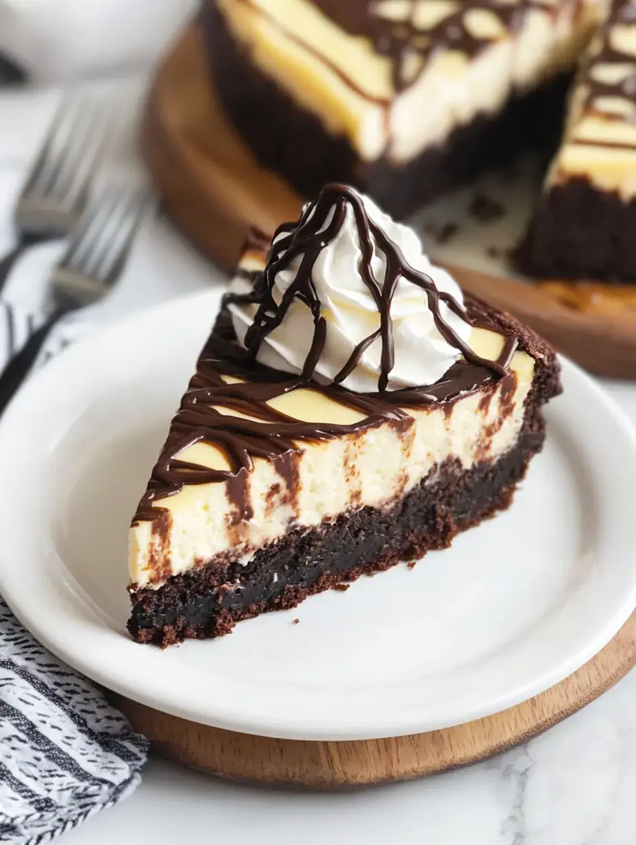 Part généreuse de cheesecake en couches avec chantilly et filet de chocolat sur une assiette blanche et une fourchette.