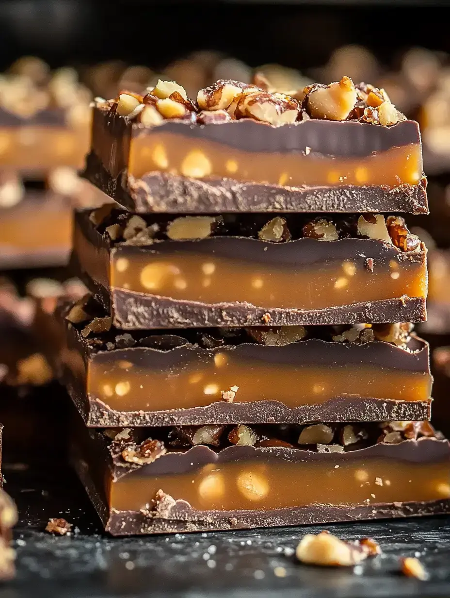 Un empilement de carrés au chocolat et caramel, surmontés de noisettes concassées.