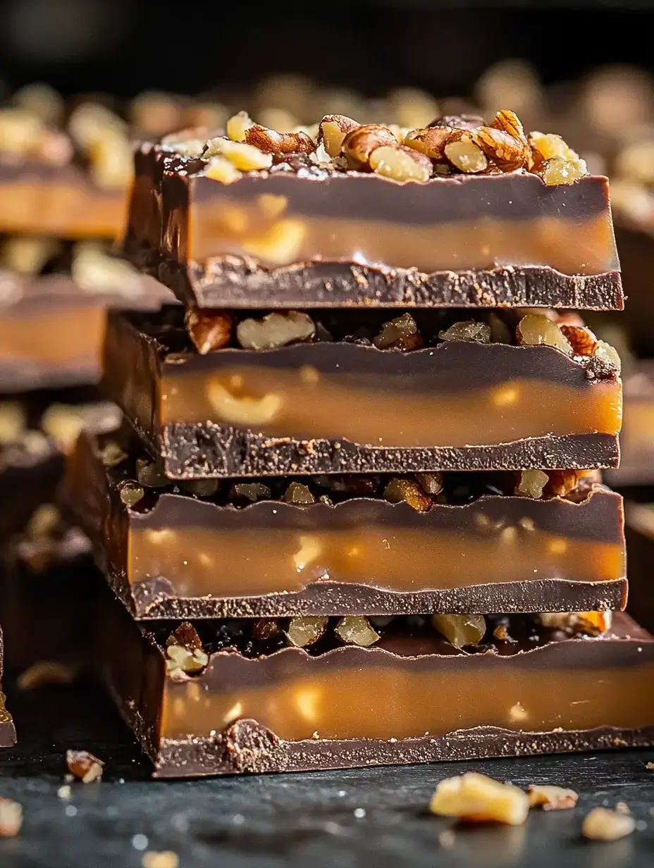 Des carrés chocolat-caramel surmontés de noisettes, flous en arrière-plan.