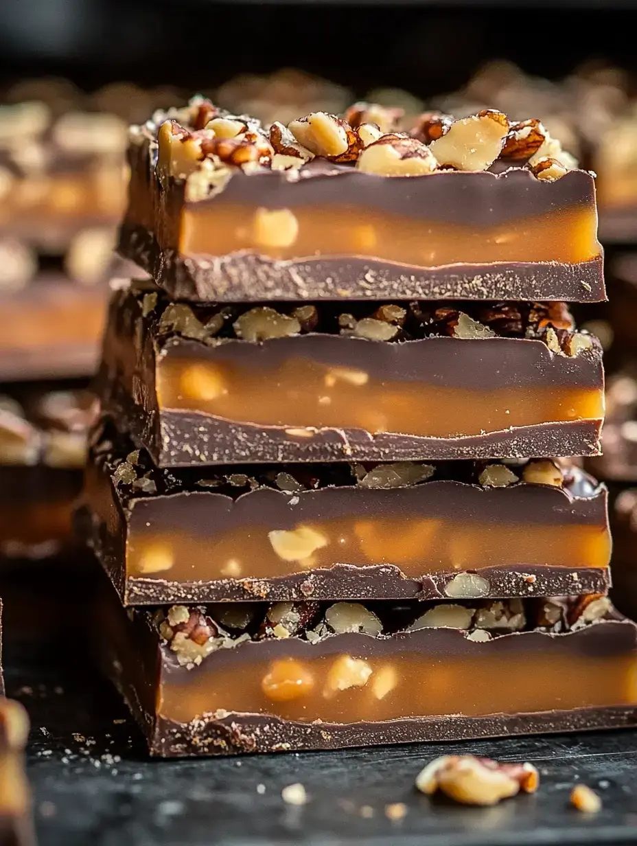 Un tas de carrés fudge chocolat, dessus aux noisettes concassées et cœur caramel tout crémeux.
