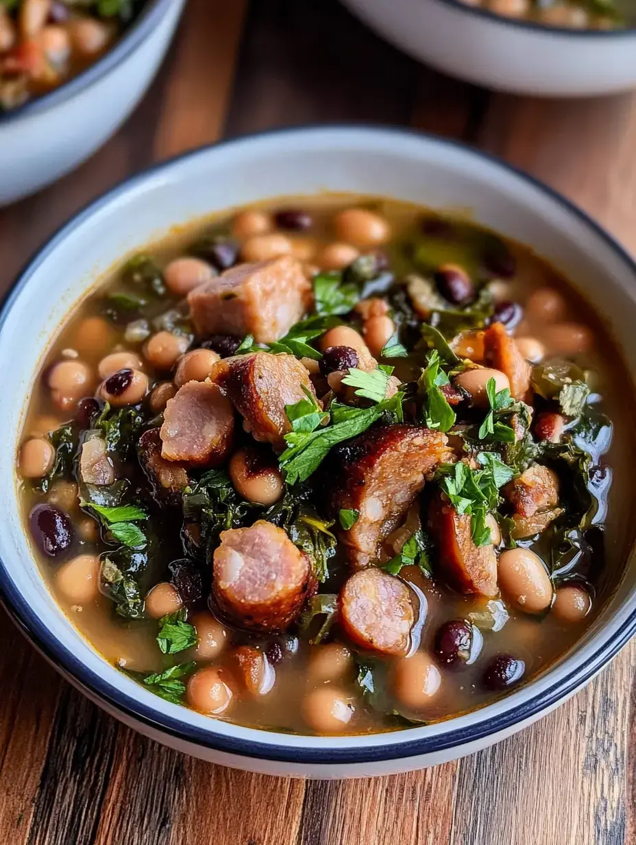 Un grand bol de soupe aux haricots, saucisse, verdures, et persil haché, sur une table en bois.