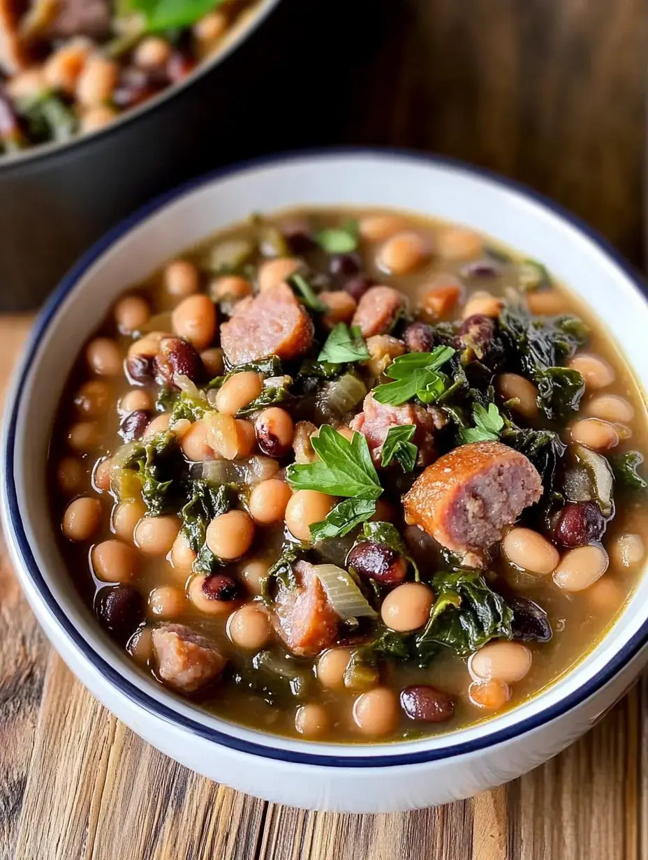 Un bol copieux de soupe aux haricots et saucisse garni de persil frais, posé sur fond bois.
