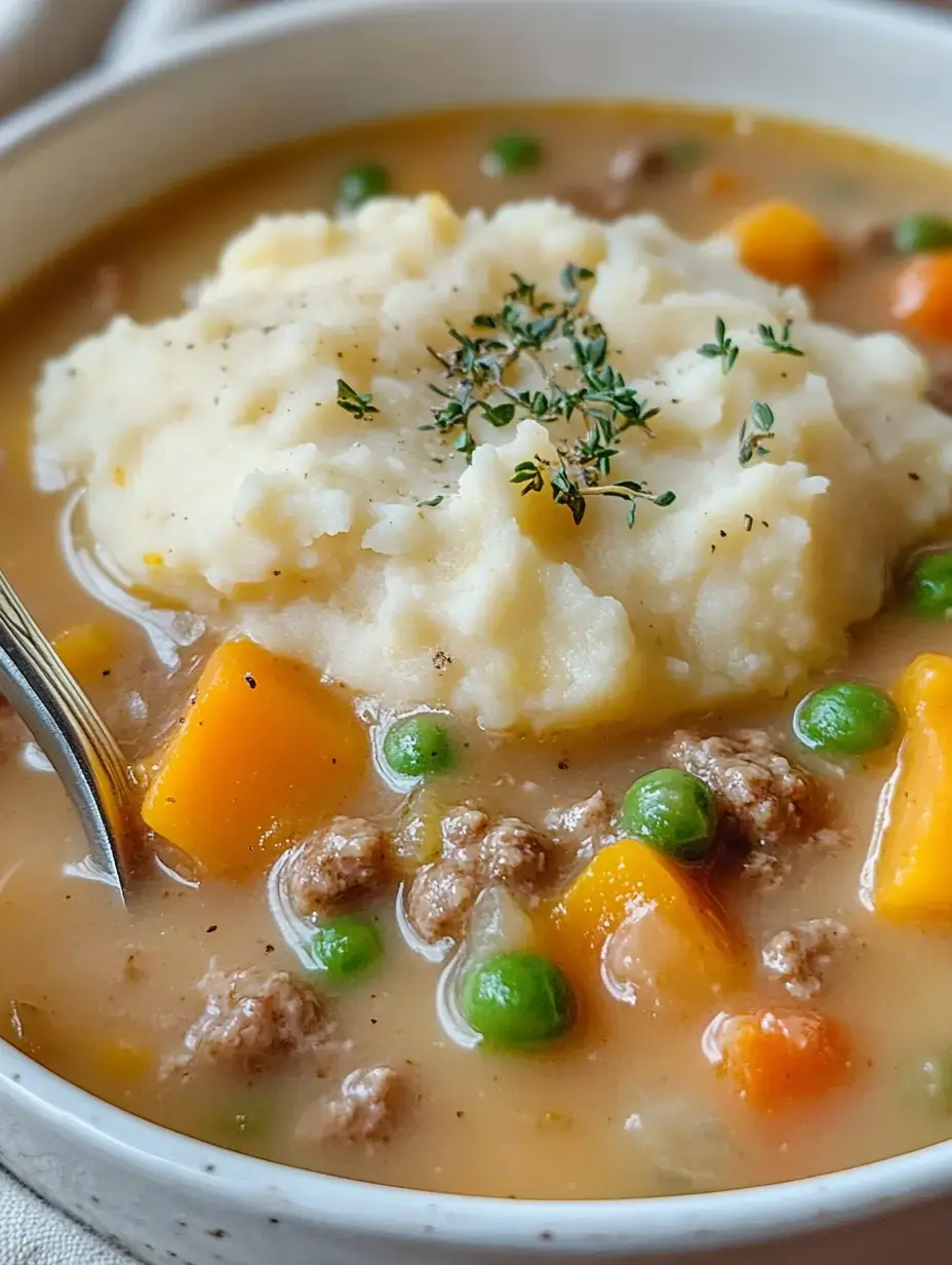 Un bol bien gourmand avec viande hachée, légumes et une quenelle de purée crémeuse couronnée de thym frais.