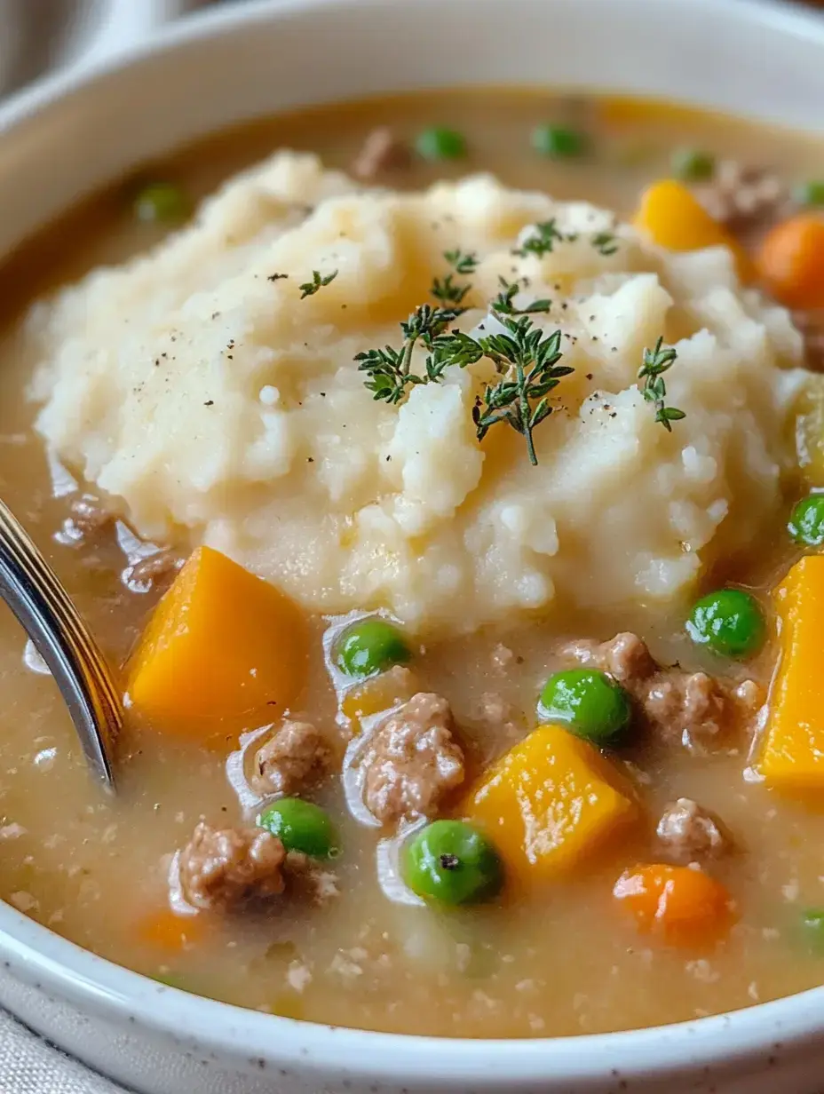 Un bol généreux avec viande hachée, légumes colorés et purée crémeuse SURMONTÉE d'herbes fraîches.