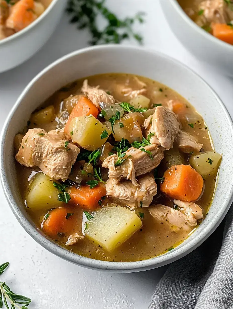 Un bol de bon mijoté de poulet plein de morceaux, de carottes, de pommes de terre, et un peu de persil frais dessus.