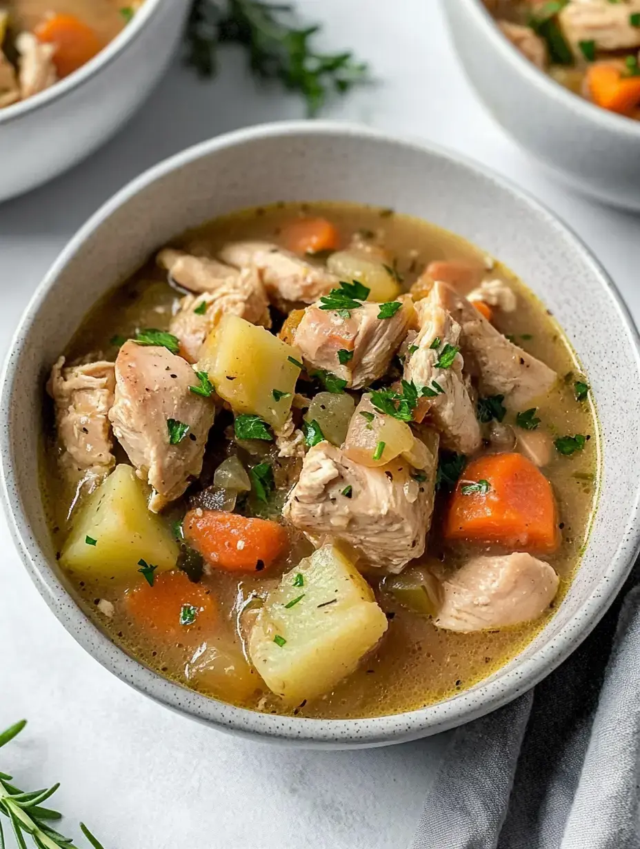 Un bol de soupe poulet carottes pommes de terre et herbes, un peu de persil dessus.